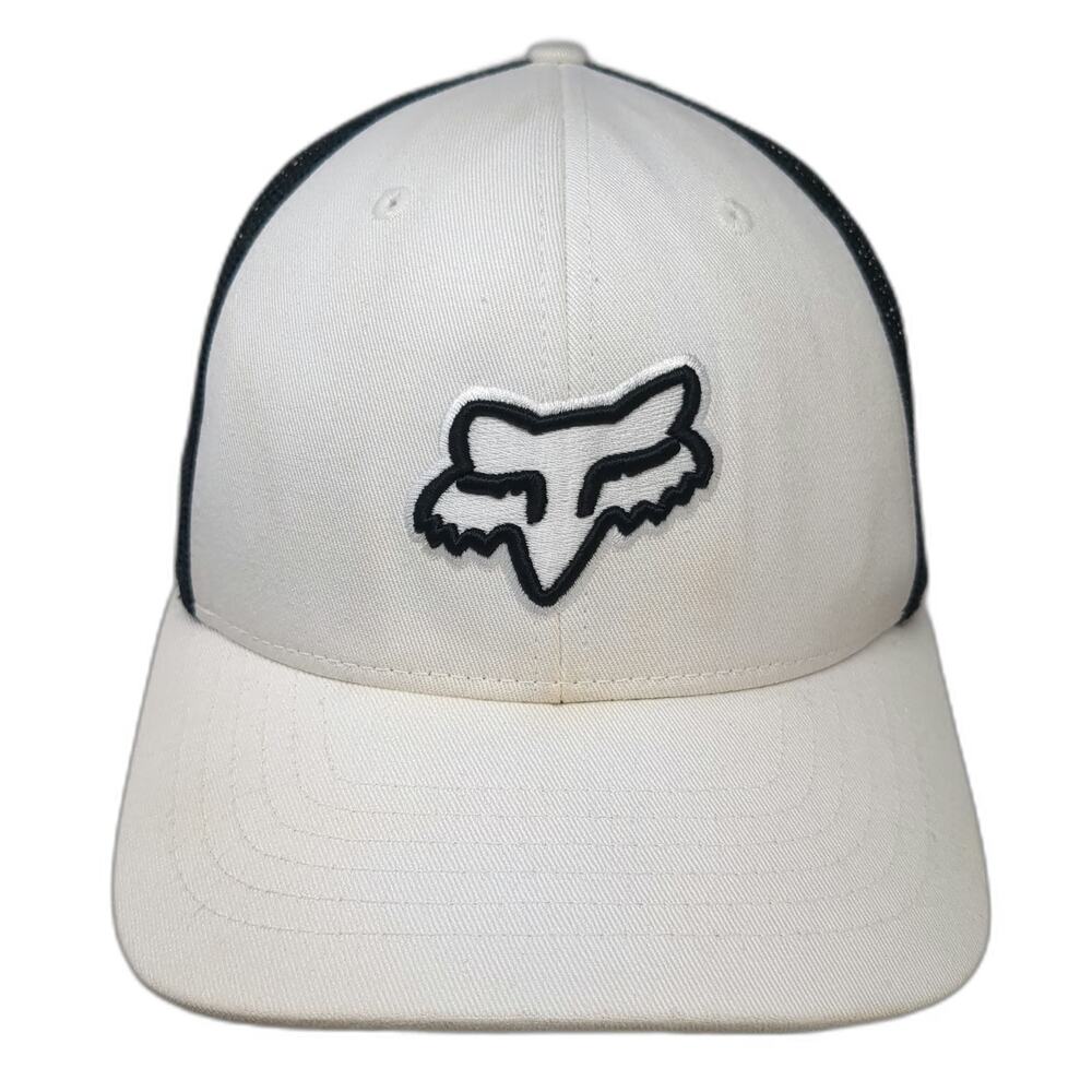 Fox Trucker Hat White Black One Size Snapback Mesh Embroidered Logo Cap